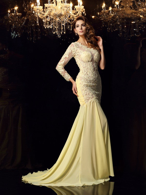 Chic Mermaid One-Shoulder With Appliques Long Sleeves Long Evening Dress Chiffon