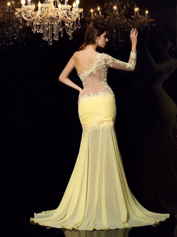 Chic Mermaid One-Shoulder With Appliques Long Sleeves Long Evening Dress Chiffon