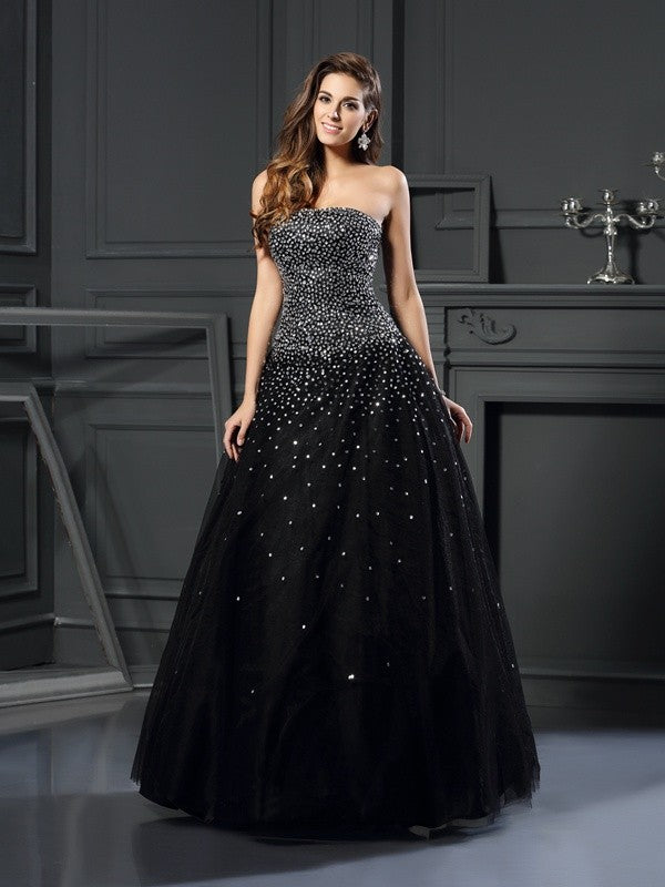 Ball Gown Strapless Beading Sleeveless Long Satin Quinceanera Prom Dress