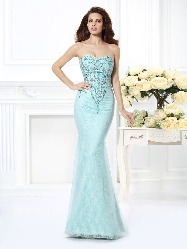 Chic Mermaid Sweetheart Beading Lace Sleeveless Long Net Prom Dress