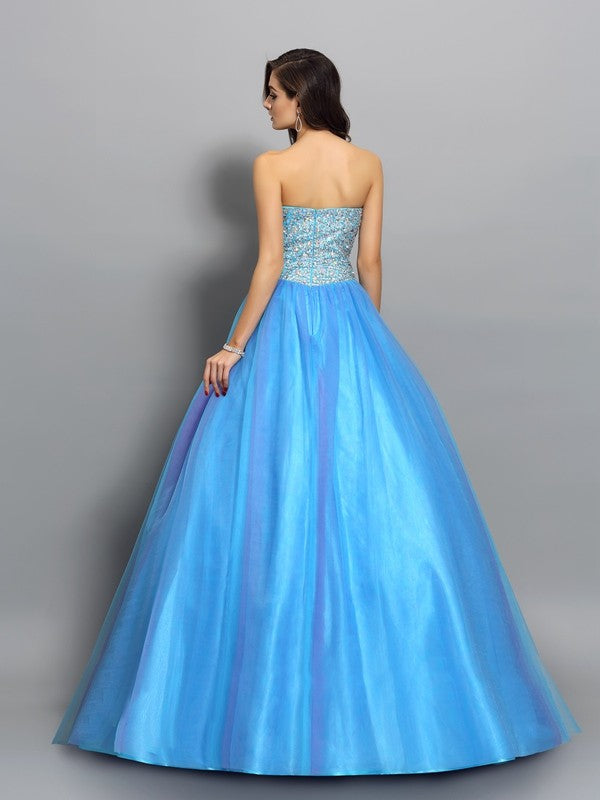 Ball Gown Sweetheart Beading Sleeveless Long Elastic Woven Satin Quinceanera Prom Dress
