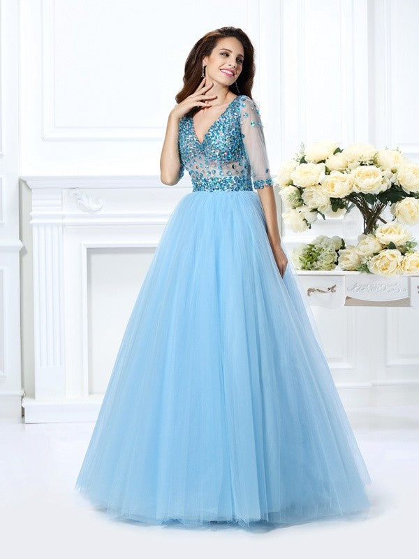 Ball Gown V-neck Beading Half Sleeves Long Satin Quinceanera Prom Dress