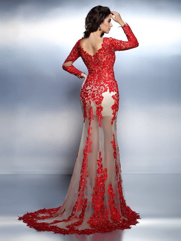 Chic Mermaid V-neck With Appliques Long Sleeves Long Lace Prom Dress