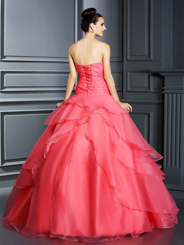 Ball Gown Strapless Hand-Made Flower Sleeveless Long Organza Quinceanera Prom Dress