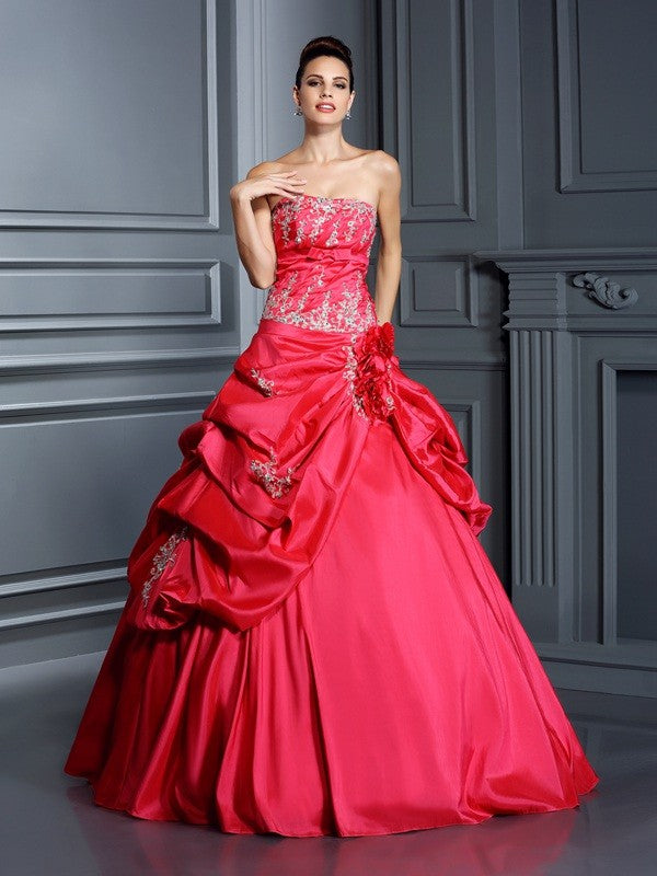 Ball Gown Strapless With Appliques Sleeveless Long Taffeta Quinceanera Prom Dress