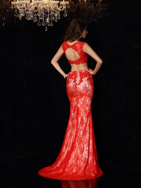 Elegant Scoop Lace Sleeveless Long Elastic Woven Satin Two Piece Prom Dress