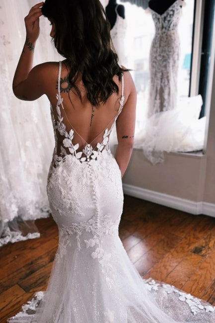Modest Spaghetti-Straps Sleeveless Mermaid Lace Bridal Gowns On Sale