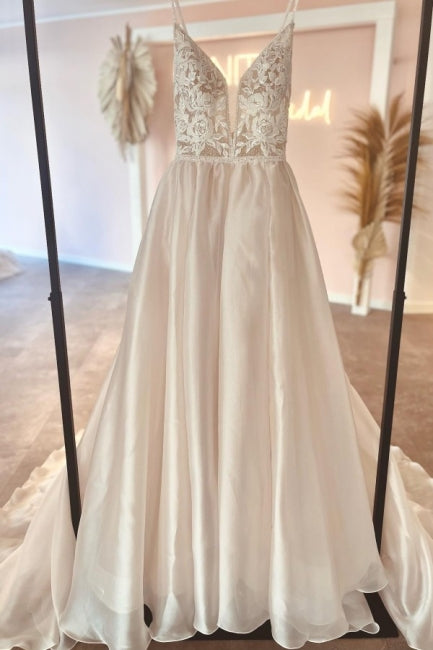 Modest V-Neck Spaghetti-Straps Sleeveless Long Lace Bridal Gowns On Sale