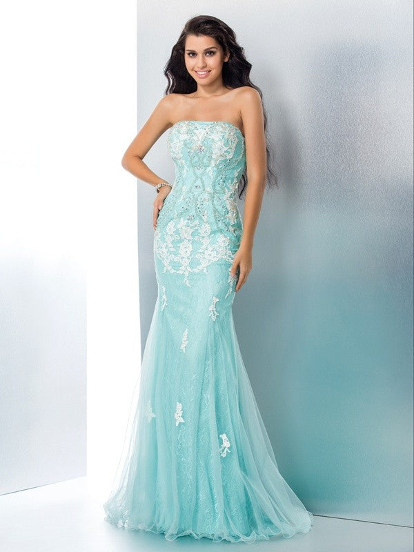 Chic Mermaid Strapless With Appliques Sleeveless Long Lace Prom Dress