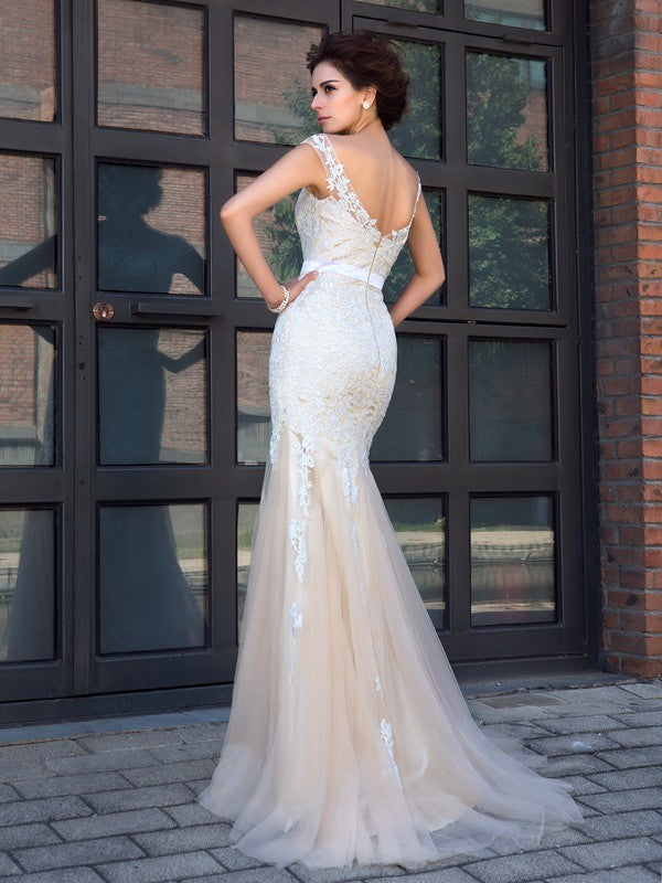 Chic Mermaid Sheer Neck With Appliques Short Sleeves Long Net Prom Dress