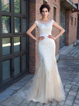 Chic Mermaid Sheer Neck With Appliques Short Sleeves Long Net Prom Dress