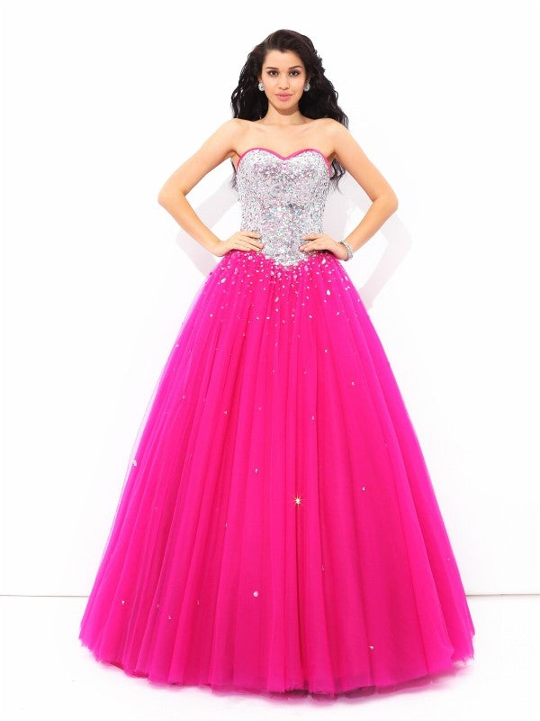 Ball Gown Beading Sweetheart Sleeveless Long Satin Quinceanera Prom Dress