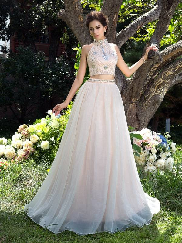 Gorgeous Beading Sleeveless Long Net Two Piece Prom Dress