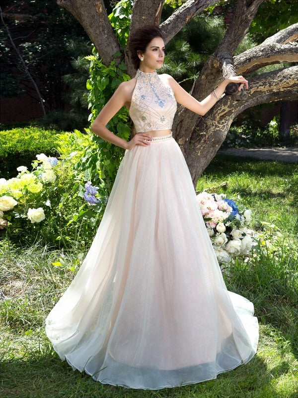 Gorgeous Beading Sleeveless Long Net Two Piece Prom Dress