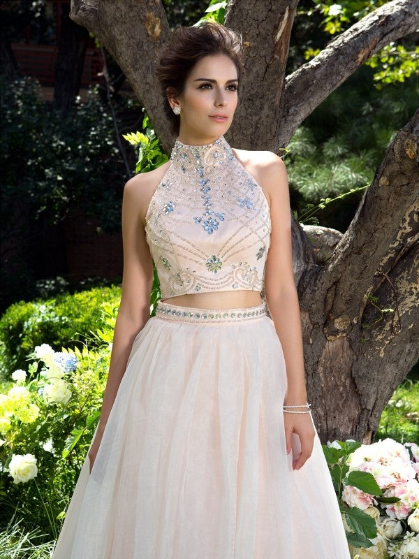 Gorgeous Beading Sleeveless Long Net Two Piece Prom Dress