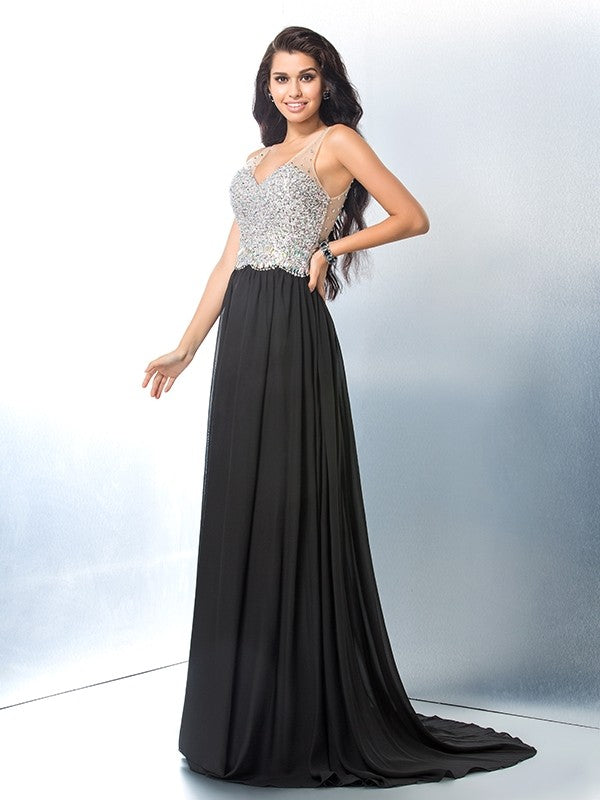 Gorgeous V-neck Beading Sleeveless Long Evening Dress Chiffon