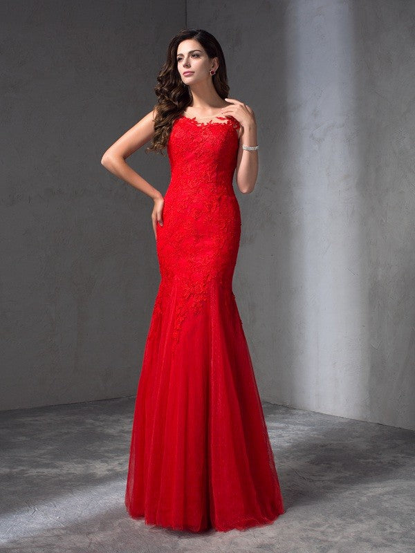 Elegant Scoop With Appliques Sleeveless Long Lace Prom Dress