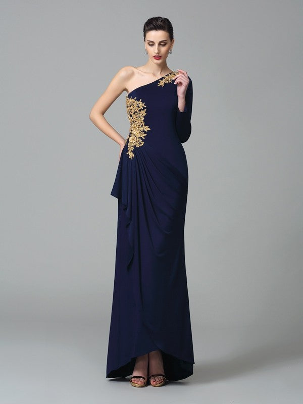 New Arrival One Shoulder Embroidery Long Sleeves Long Spandex Prom Dress