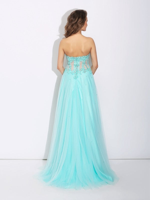 Gorgeous Sweetheart Lace Sleeveless Long Net Prom Dress