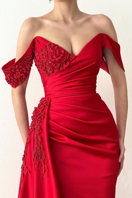 Chic Long Red Mermaid Off-the-Shoulder Lace Prom Dress