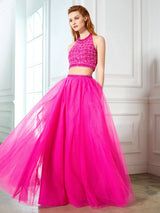 Gorgeous Halter Beading Sleeveless Net Long Two Piece Prom Dress