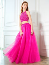 Gorgeous Halter Beading Sleeveless Net Long Two Piece Prom Dress