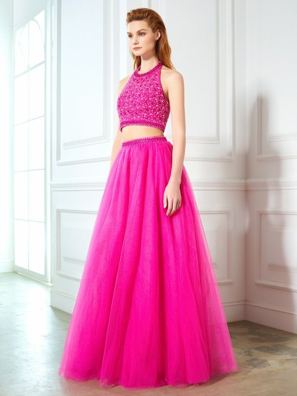 Gorgeous Halter Beading Sleeveless Net Long Two Piece Prom Dress