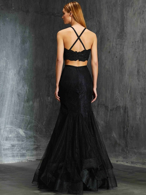 Chic Mermaid Spaghetti-Straps Sleeveless With Appliques Long Net Two Piece Prom Dress