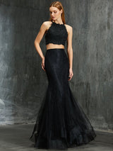 Chic Mermaid Spaghetti-Straps Sleeveless With Appliques Long Net Two Piece Prom Dress