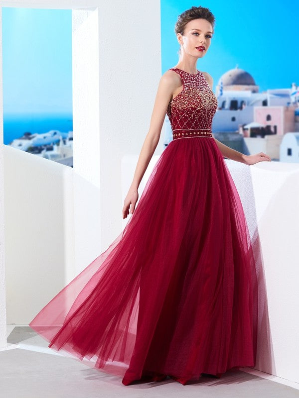 Sleeveless Amazing Scoop Long Beading Tulle Prom Dress