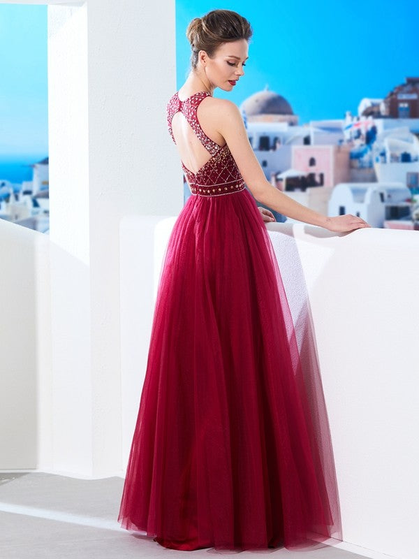 Sleeveless Amazing Scoop Long Beading Tulle Prom Dress