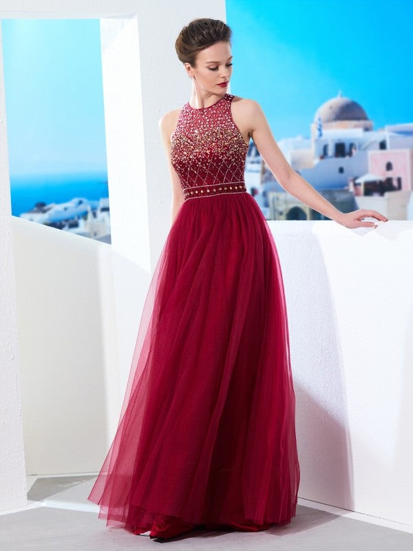 Sleeveless Amazing Scoop Long Beading Tulle Prom Dress