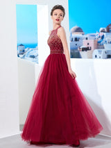 Sleeveless Amazing Scoop Long Beading Tulle Prom Dress