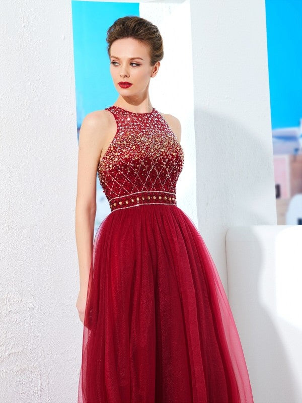 Sleeveless Amazing Scoop Long Beading Tulle Prom Dress