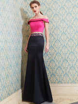 Chic Mermaid Off-the-Shoulder Sleeveless Long Beading Satin Two Piece Prom Dress