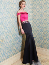 Chic Mermaid Off-the-Shoulder Sleeveless Long Beading Satin Two Piece Prom Dress