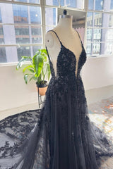 Glorious Black Spaghetti-Straps Sleeveless Long Lace Sequined Bridal Gowns On Sale