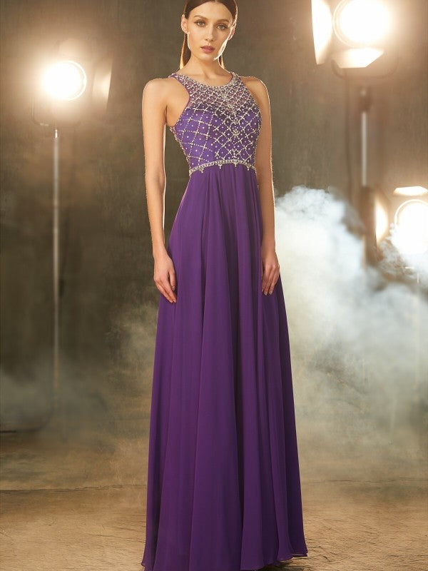 Sleeveless Amazing Chiffon Scoop Crystal Long Prom Dress