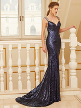 Elegant V-Neck Sleeveless  Beading Sequins Prom Dress