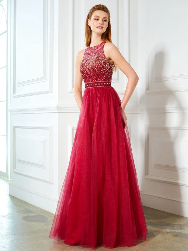 Sleeveless Amazing Scoop Long Beading Tulle Prom Dress