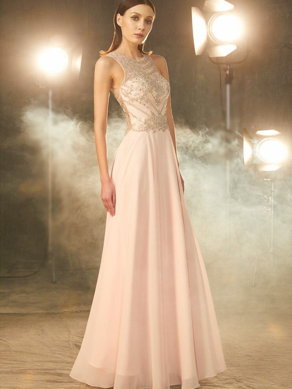 Sleeveless Amazing Scoop Chiffon Crystal Long Prom Dress