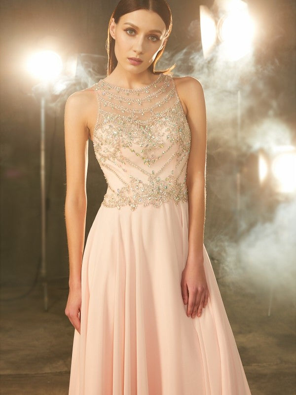 Sleeveless Amazing Scoop Chiffon Crystal Long Prom Dress