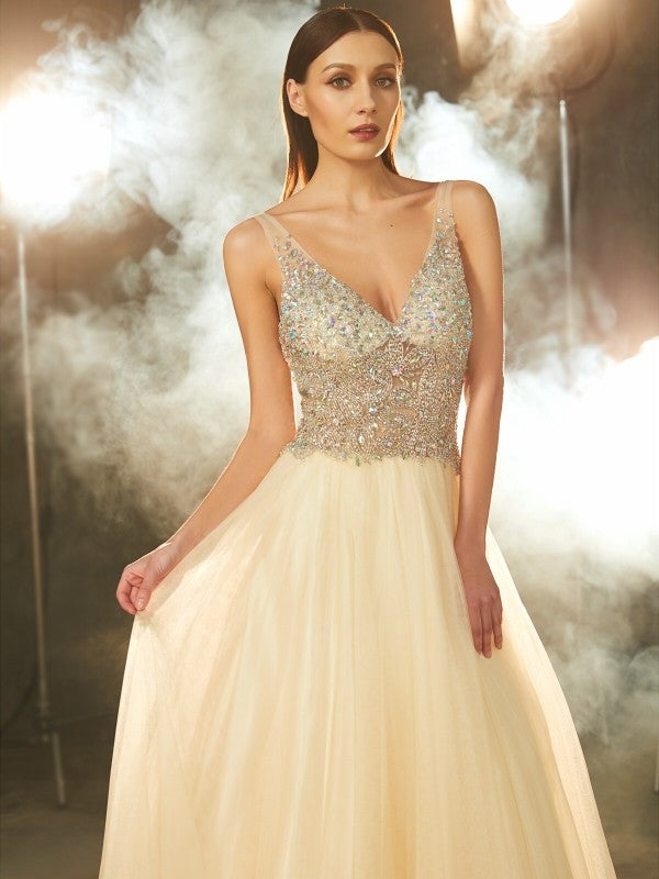 Ball Gown V-neck Beading Sleeveless Long Tulle Prom Dress