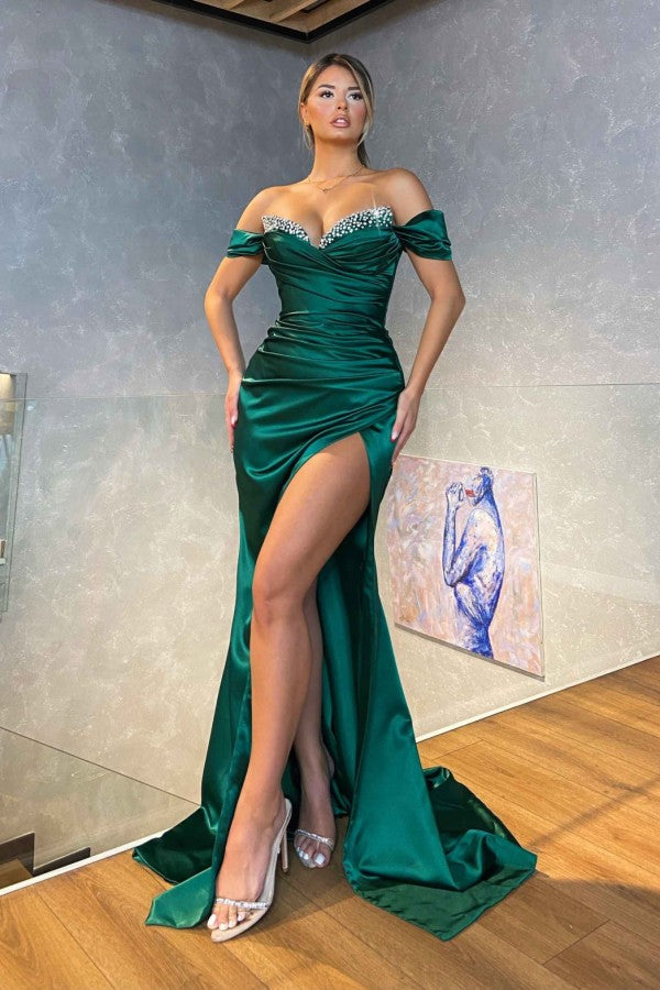Beautiful High-split Dark Green Sparkle beaded Mermaid Prom Dress Off-the-shoulder