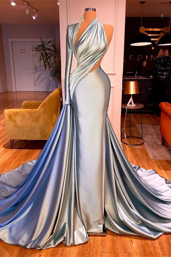 Elegant One Shoulder Long Sleeves Prom Dresses Mermaid With Beadings
