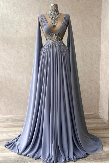 Modest High Neck Sleeveless Long 100D-chiffen prom Dresses With beads