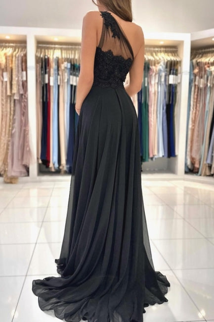 Modern Long Black Evening Gown One Shoulder Lace Ball Dresses With Split Online