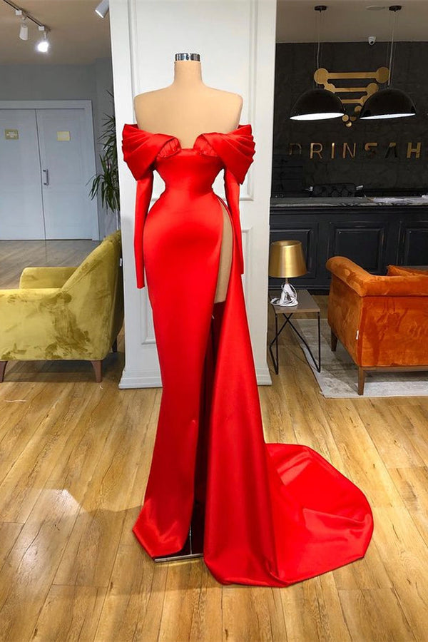 Amazing Red Long Sleeves Prom Dresses Mermaid Off-the-Shoulder With Slit
