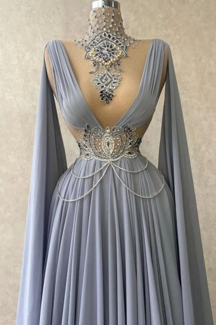 Modest High Neck Sleeveless Long 100D-chiffen prom Dresses With beads