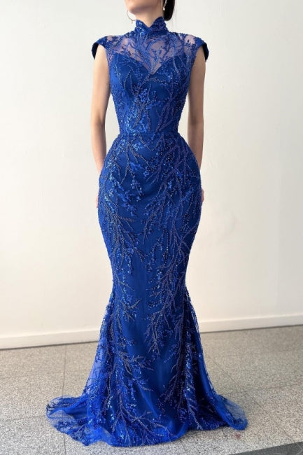 Charming Long Royal Blue High Neck Lace Sleeveless Prom Dress With Detachable Train